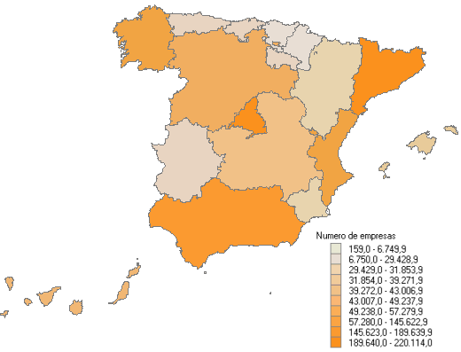 Distribución por Comunidades Autónomas del número de empresas