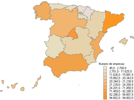 Distribución por Comunidades Autónomas del número de empresas con Resultado contable negativo o cero