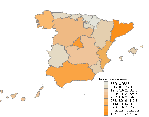 Distribución por Comunidades Autónomas del número de empresas con Base imponible positiva