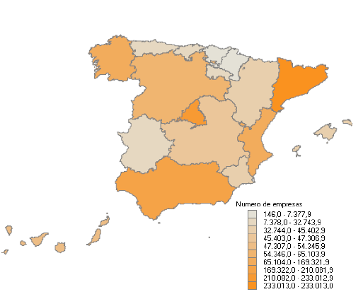 Distribución por Comunidades Autónomas del número de empresas