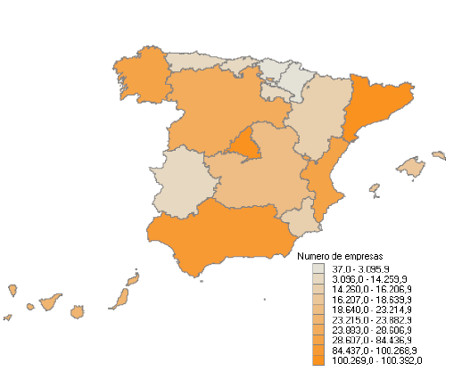 Distribución por Comunidades Autónomas del número de empresas con Resultado contable negativo o cero