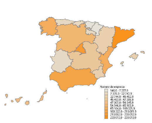 Distribución por Comunidades Autónomas del número de empresas