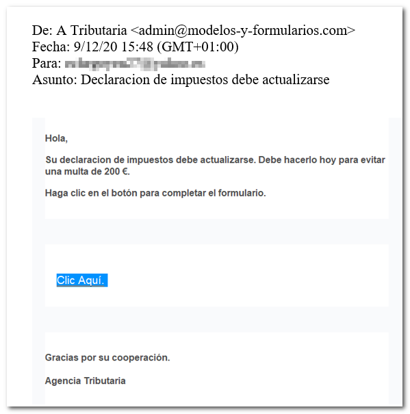 Correo fraude: Declaracion de impuestos debe actualizarse