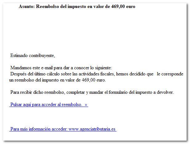 Correo falso: Reembolso del impuesto en valor de 469,00 euro