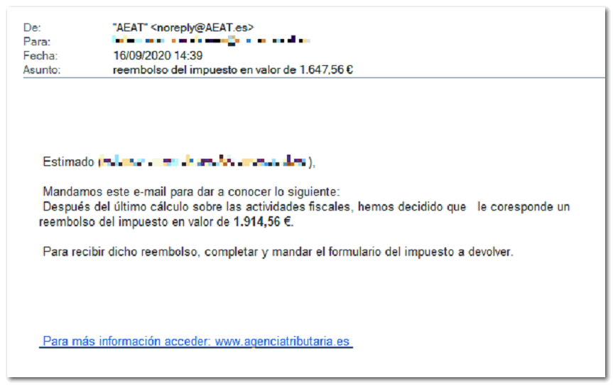 Correo electrónico falso: reembolso del impuesto en valor de 1.647,56€