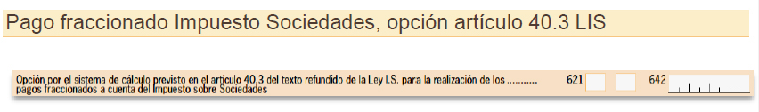 Imagen del apartado Pago fraccionado Impuesto Sociedades, opción artículo 40.3 LIS del modelo 036