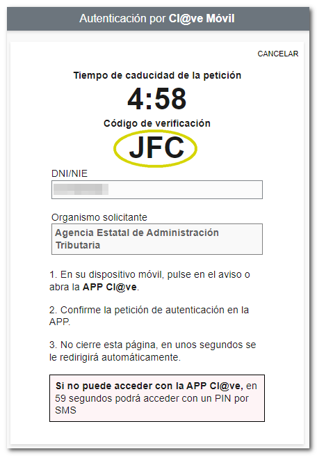 Petición de autenticación con Cl@ve móvil