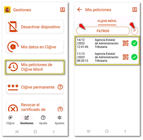 Mis peticiones de Cl@ve Móvil
