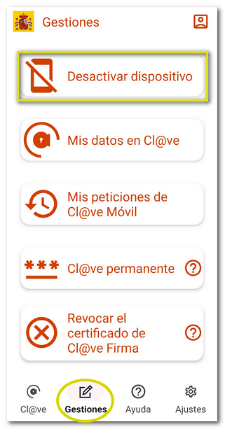 Desactivar dispositivo desde la APP Cl@ve