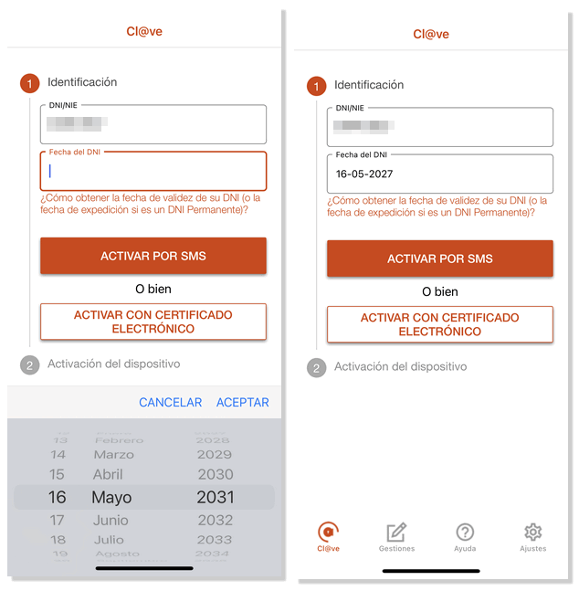 Indicar fecha DNI APP Cl@ve iOS