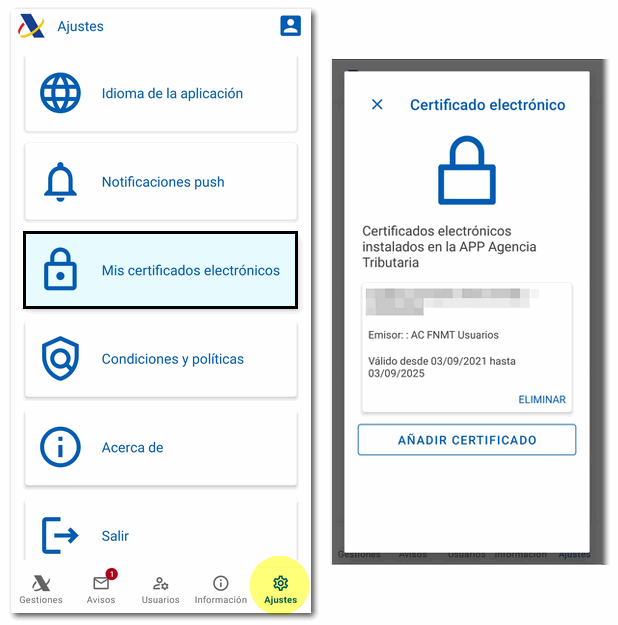 Certificados instalados en la APP