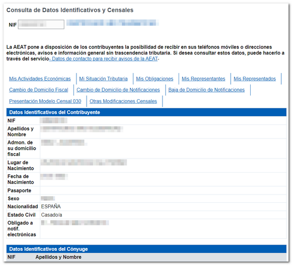 NIF y datos identificativos y censales