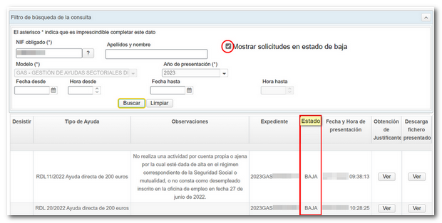 Estado de la solicitud