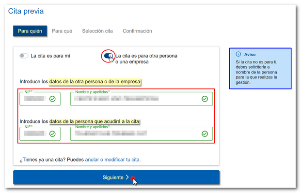 Datos para cita de un tercero