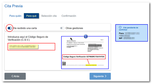 Solicitud de cita con el csv de una carta recibida de la AEAT