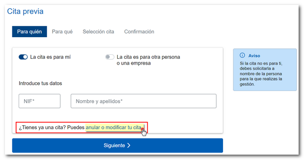 Modificación o anulación de cita previa