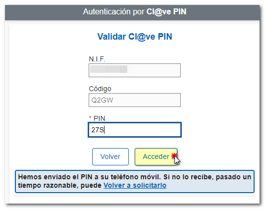 cumplimenta el PIN y pulsa Acceder