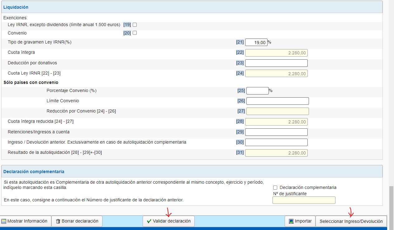 Imagen rellenar: IRNR sin establecimiento permanente. Liquidación