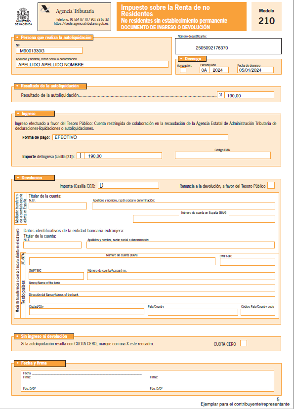 IRNR sin establecimiento permanente. Formulario 1