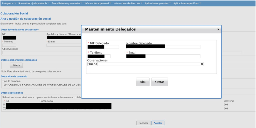 Mantenimiento delegados - Alta