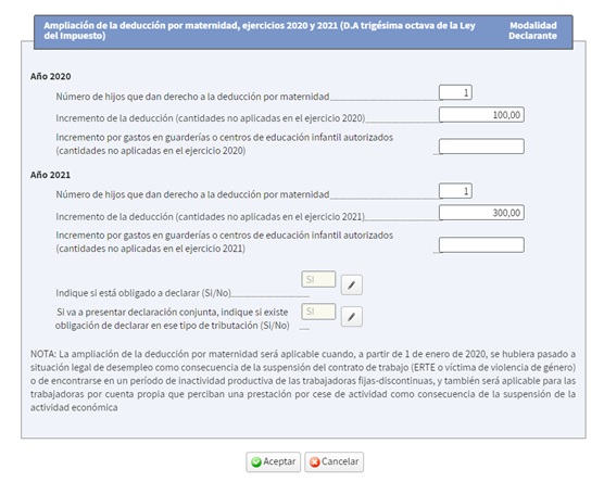 Imágen detall sobre exercicis 2020 i 2021 i l'ampliació de la deducció per maternitat a unes altres situacions. Disposició Addicional 38a de la Llei