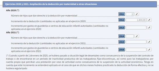 Imagen detalle casilla 1912 deducción por maternidad