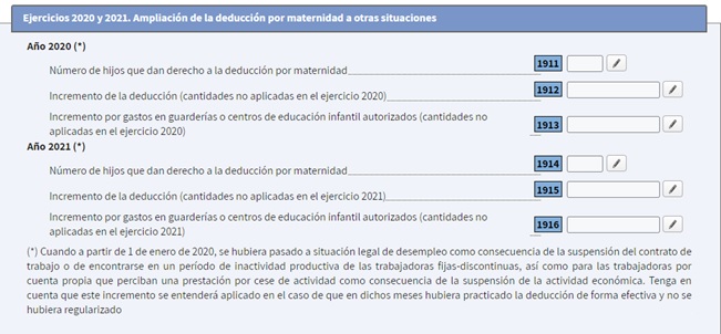 Imágen detalle sobre deducción por maternidad y otras situaciones, ejercicios 2020 y 2021