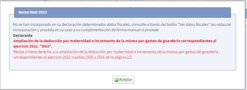 Imágen detalle sobre la cumplimentación de la ampliación de la deducción por maternidad, acceso a través de Renta Web 2022