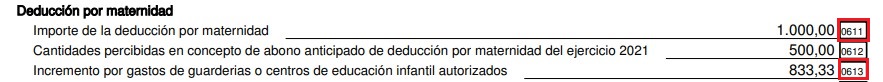 Imágen detalle casillas 0611 y 0612 de la deducción por maternidad