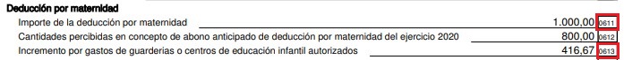 Imágen detall caselles 611 i 613 deducció per maternitat