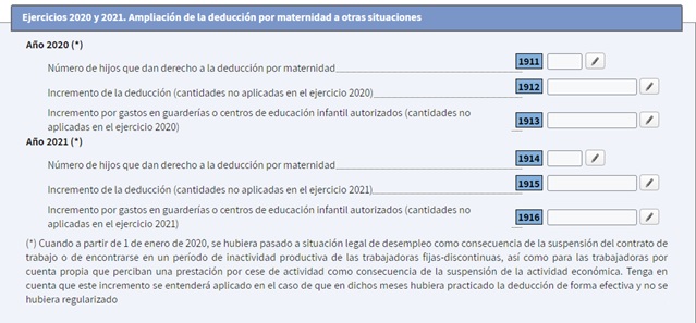 Imágen detalle sobre la cumplimentación de las casillas 1911 y 1912 de la deducción por maternidad