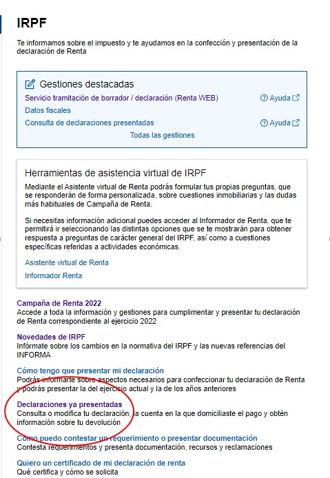 pantalla IRPF declaraciones preentadas