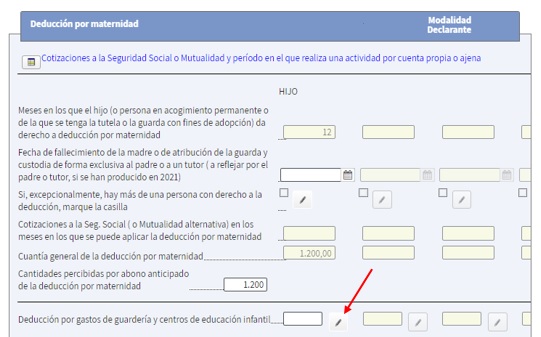 pantalla deducciones por gastos en guarderías