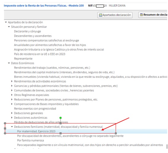 pantalla deducciones familares por materinidad