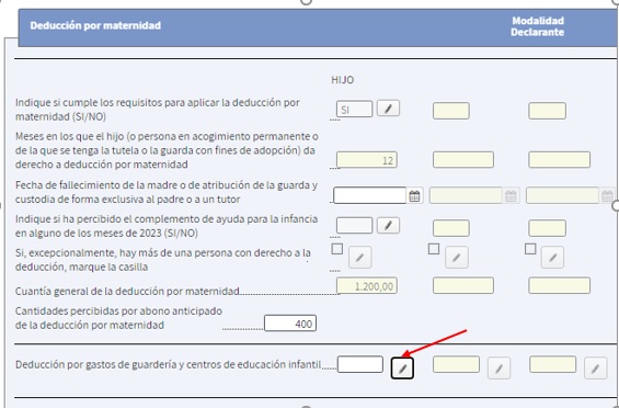 pantalla deducción por maternidad