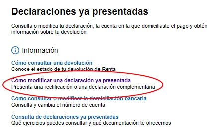 pantalla cómo modificar una declaración ya presentada