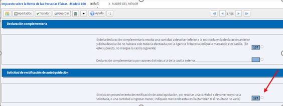 pantalla declaración complementaria o solicitud de rectificación