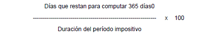 Dies que resten per a computar 365 días0 dividit entre la durada del període impositiu multiplicat per 100