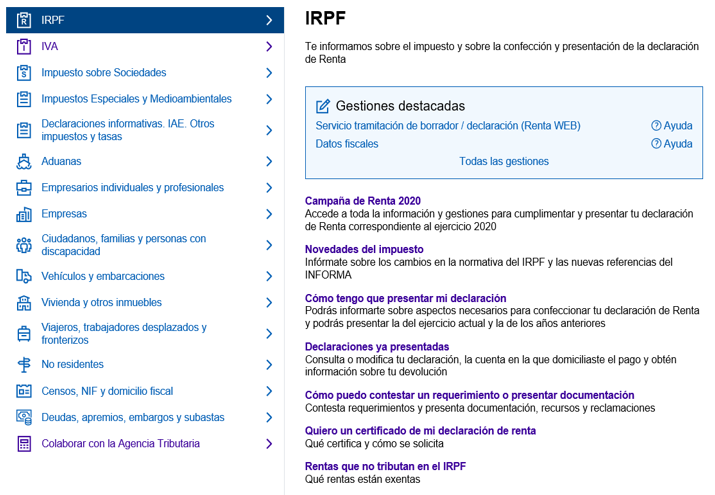 Exemple tema IRPF, mostra les seves gestions i subtemes