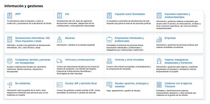 Screenshot of management block, grouped into 16 topics